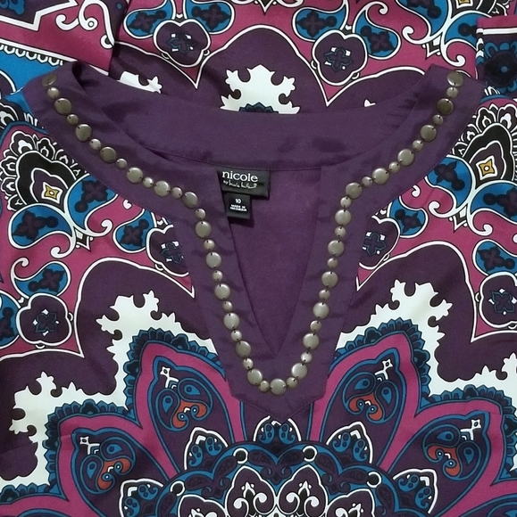 Nicloe Miller Geometric Paisley Purple tunic Shift dress Wrinkle free size 10 - Picture 2 of 12